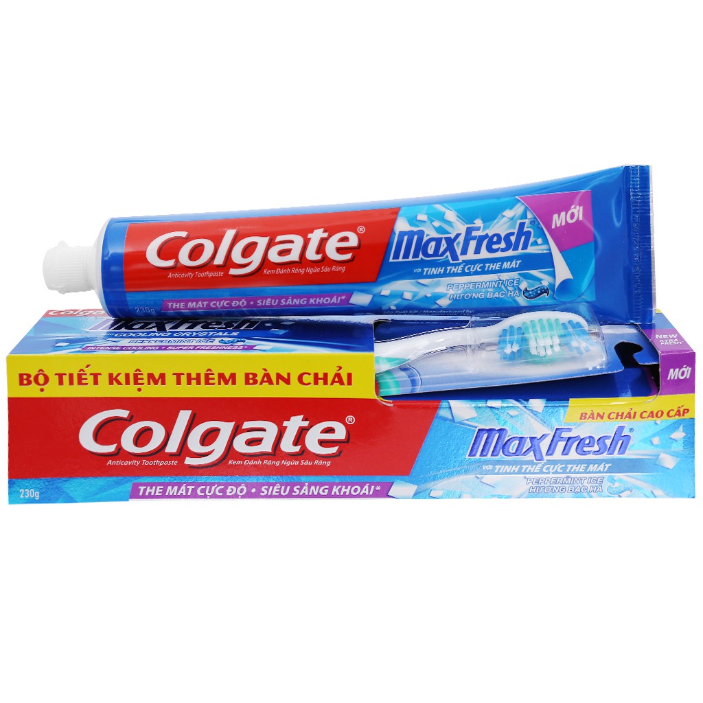 Kem đánh răng ngừa sâu răng Colgate MaxFresh hương Bạc Hà 230g (tặng kèm Bàn chải lông tơ Colgate Triple Action)