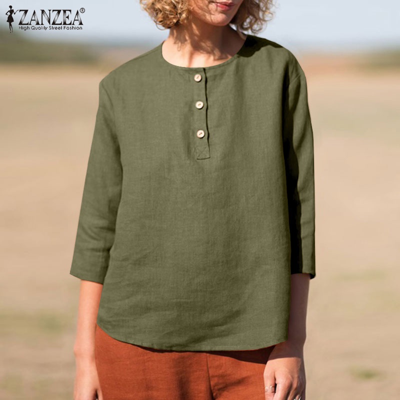 ZANZEA Áo Sơ Mi Nữ Tay 3 / 4 Vải Cotton Màu Trơn Thời Trang