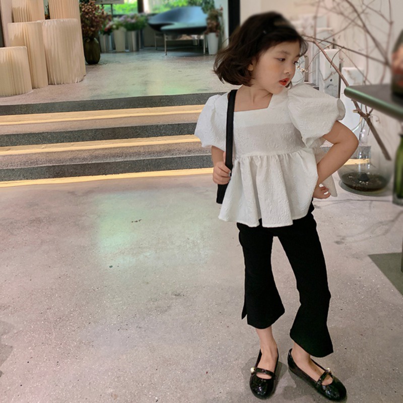 Áo Tay Phồng Ngắn Cổ Vuông Thắt Nơ Thời Trang Mùa Hè Hàn Quốc Cho Bé Gái