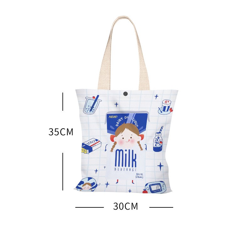 [Mã FASHIONT4WA2 giảm 10K đơn 50K] Túi Tote vải Canvas Hình Cô Bé Sữa Milk đáng yêu trên nền vải trắng.