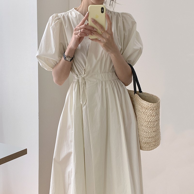 Váy tay phồng cổ V eo thắt dây đơn giản nhẹ nhàng vintage Hàn Quốc nhiều màu