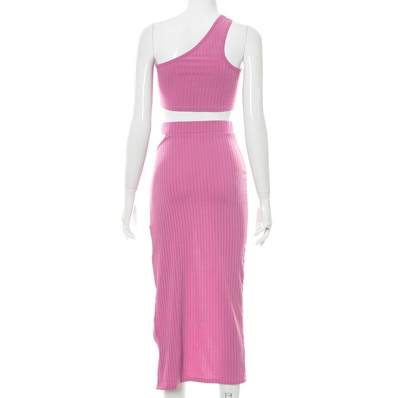 Bộ áo sát nách dây không đều màu trơn + chân váy xẻ tà cao gợi cảm cho nữ