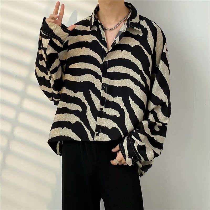 Áo sơ mi nam dáng rộng tay dài họa tiết ngựa vằn phong cách Hàn Quốc thời trang cao cấp Size M-3XL