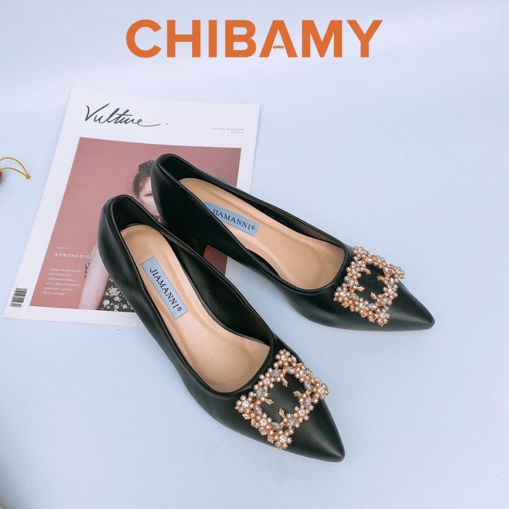 Giày cao gót nữ đính đá 5cm CHIBAMY, gót vuông mũi nhọn chất da mềm mã CG03