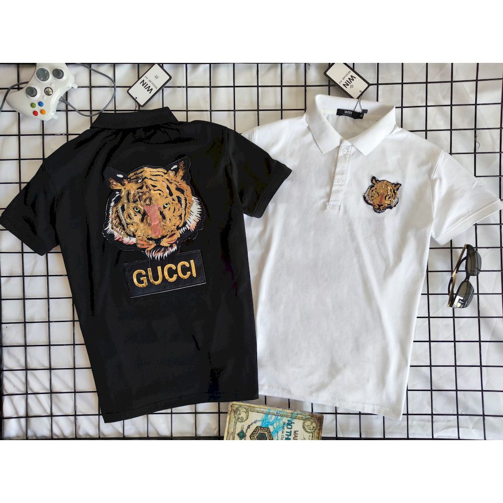 Áo thun nam polo ngắn tay cổ trụ đính đá kim sa GUCCI Tiger vàng, Áo cotton 100% cao cấp
