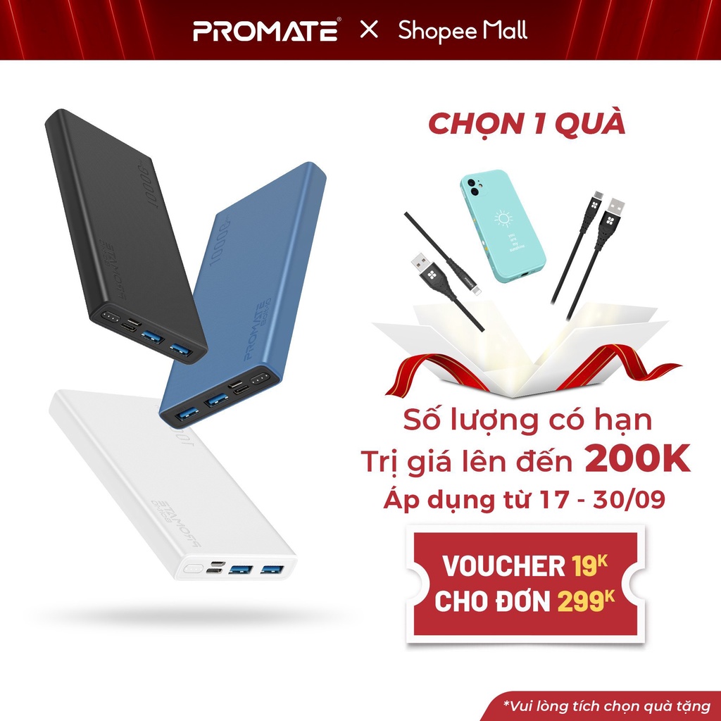 Sạc Dự Phòng 10000mAh PROMATE Bolt 10 PD 10W - Đầu Ra 2 Cổng USB-A Sạc Nhanh Cho iP/ Android