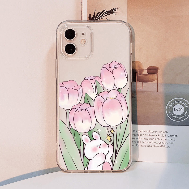 Ốp Điện Thoại Tpu Mềm Trong Suốt In Hình Thỏ Và Hoa Cho iPhone 11 12 13 pro max XS X XR XSMax 7 8 6 6s plus SE 2020