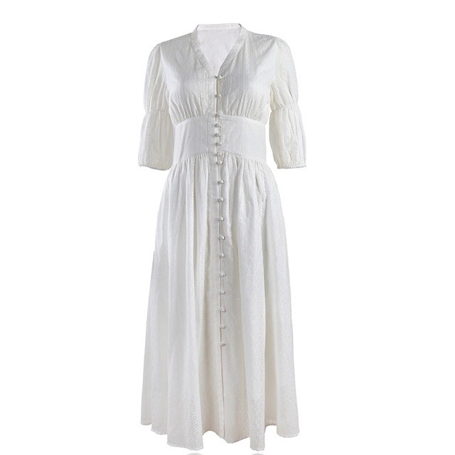 Váy Trắng Nữ Cổ Tim Dáng Dài Tay Phồng, Đầm Trắng Thiết Kế Phong Cách Retro Linzstore | BigBuy360 - bigbuy360.vn