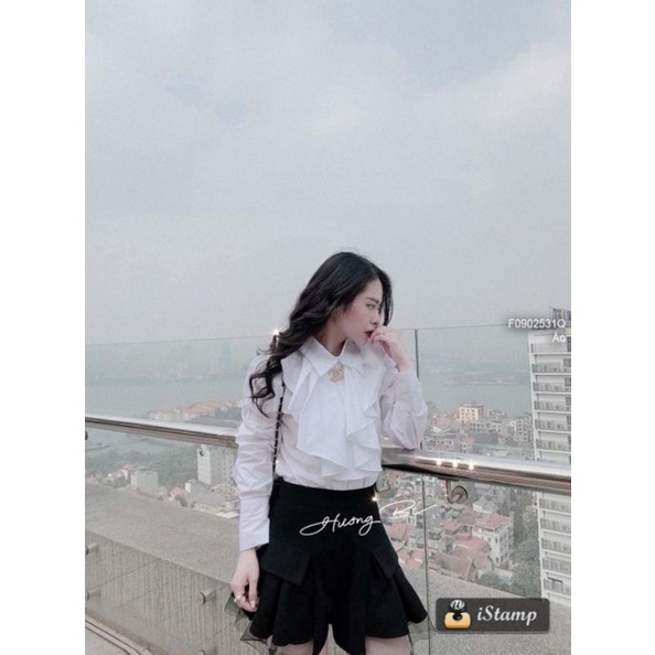 Áo sơ mi trắng kiểu ngực phối bèo tay dài gài nút 0902