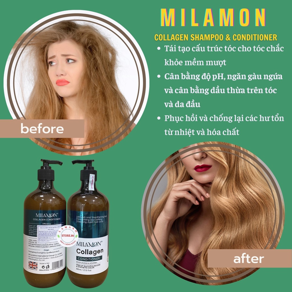 Dầu gội dầu xả MILAMON collagen phục hồi chống rụng, kích mọc tóc, kiềm dầu sạch gàu không ngứa cặp 800ml chính hãng