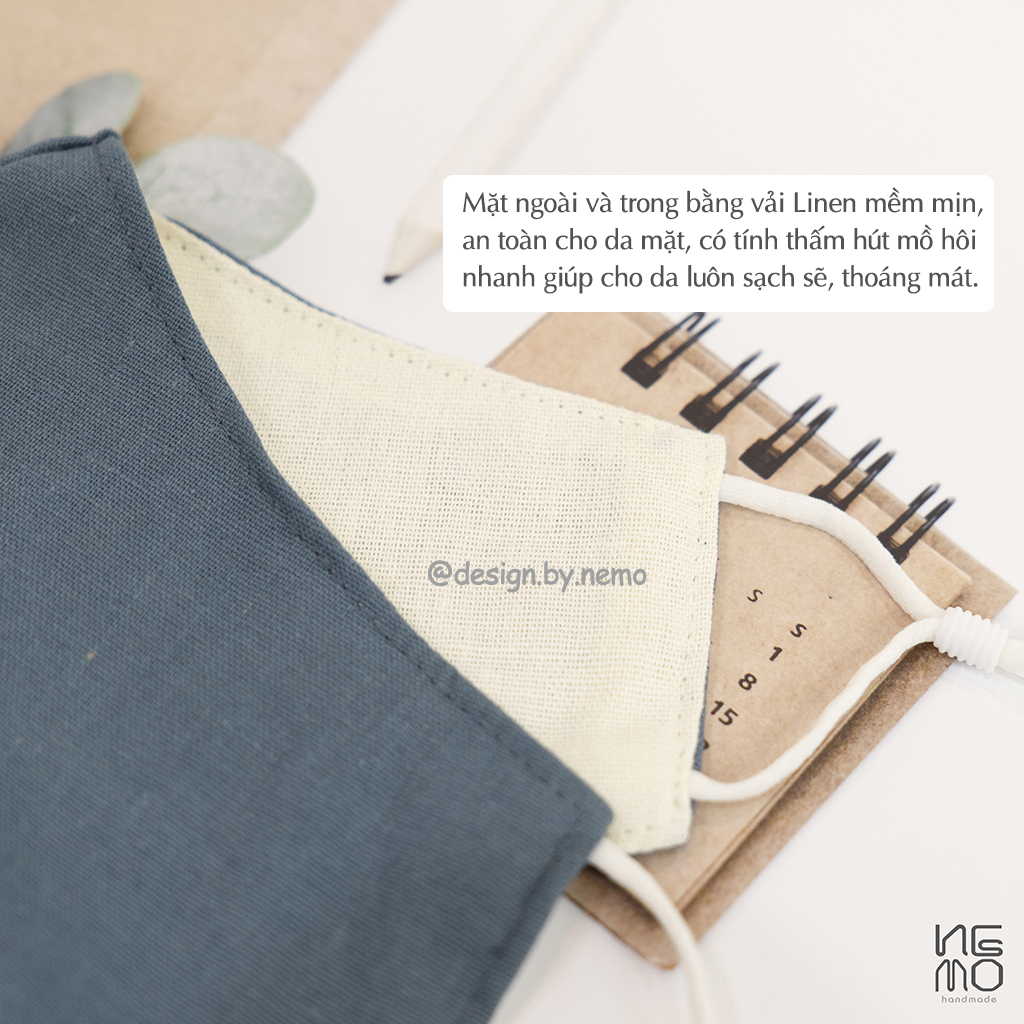 Khẩu Trang Vải Linen Cao Cấp 3 Lớp Màu Trơn Nemo Handmade, Có Nút Tăng Giảm Dây Tiện Lợi - KT3M | BigBuy360 - bigbuy360.vn