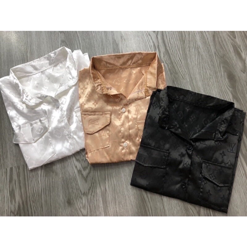 Áo sơ mi lụa gấm mềm hoạ tiết LV,2 túi trước siêu xinh- Áo sơ mi dài tay