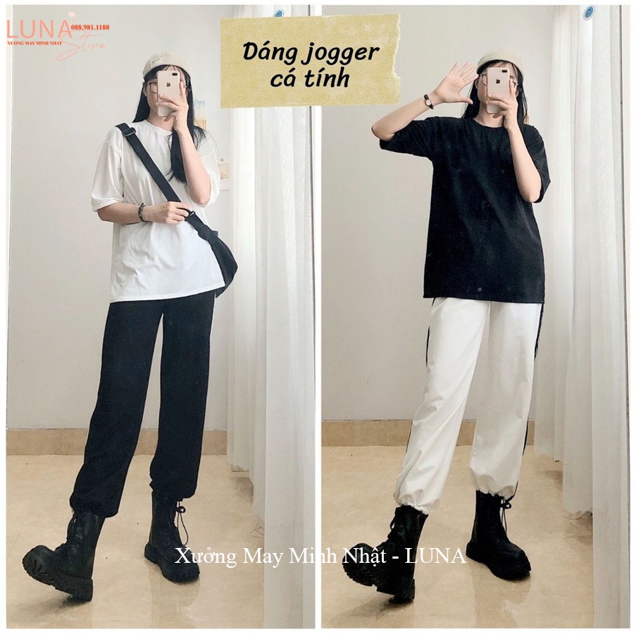 Quần thể thao ống rộng nữ dài có dây rút gấu viền kẻ 3 sọc trắng vải Umi co dãn - Quần jogger ống rộng nữ đi học thể dục