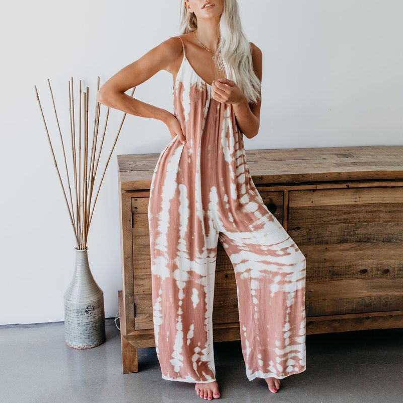 Bộ Áo Liền Quần Hai Dây Cổ Chữ V Ống Rộng Họa Tiết Màu Nhuộm Thời Trang Đi Biển Cho Nữ