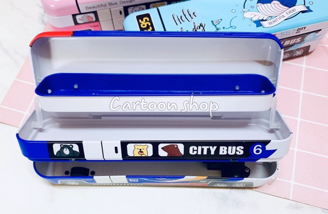 Hộp bút thiếc xe bus 3 tầng chạy cos