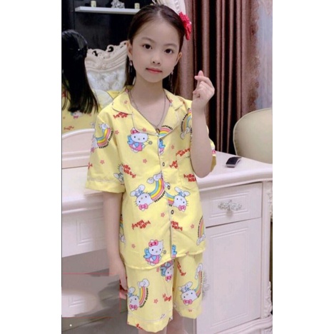 Bộ pijama vải kate hoạt tiết kitty cho bé gái mặc nhà mặc ngủ