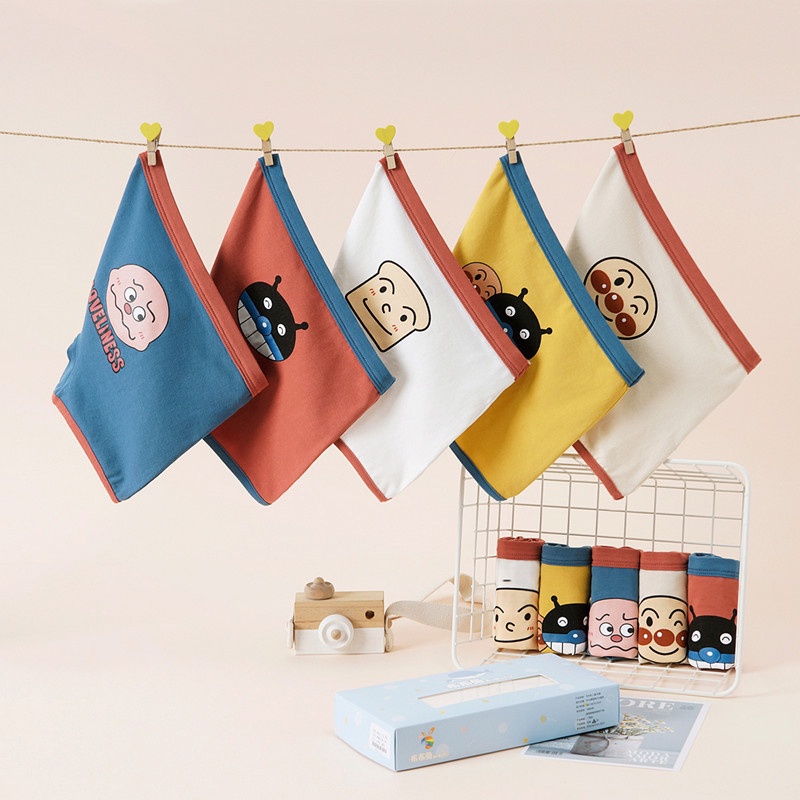 Bộ 5 Quần Lót Boxer 100% Cotton In Họa Tiết Anpanman Cho Bé Trai 3-12 Tuổi