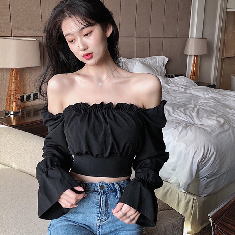 Áo Croptop Áo Sơ Mi Áo Trễ Vai Tay Phồng Lưng Đan Dây Chéo Màu Trơn Gợi Cảm Thời Trang Hàn Quốc Cho Nữ