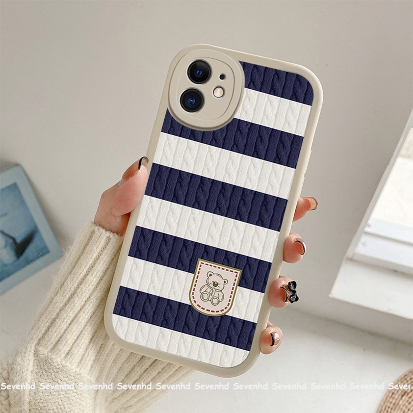 Ốp Điện Thoại Họa Tiết Gấu Hoạt Hình Phối Sọc Xanh Trắng Cho iPhone 14 13 12 11 Pro Max SE2020 X XR Xs Max 7 8 Plus
