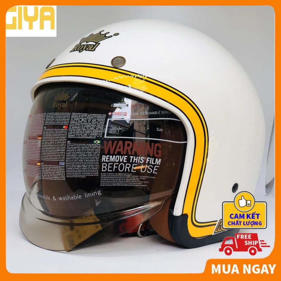 Mũ bảo hiểm Royal kính âm M139 tem V10 trắng line vàng