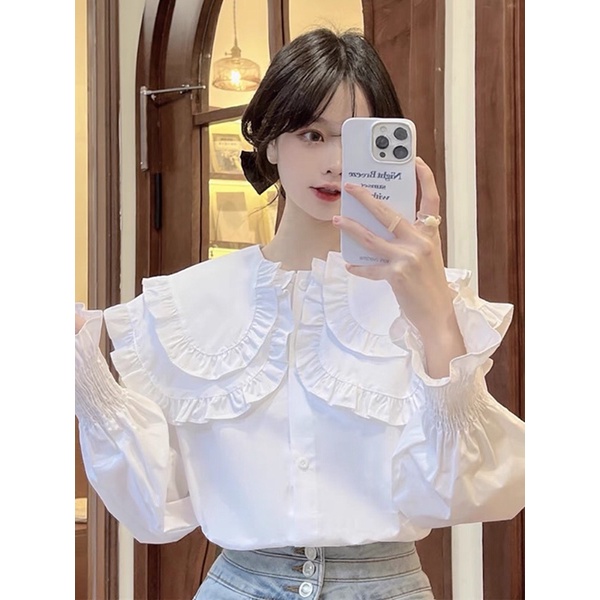 (Sẵn) Áo sơ mi cổ viền bèo 2 lớp cute dễ thương bánh bèo hai màu trắng xanh hàng loại 1