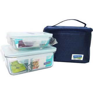 Bộ hộp cơm thủy tinh Glasslock Hàn Quốc (1000ml chia ngăn + 400ml kèm túi giữ nhiệt)