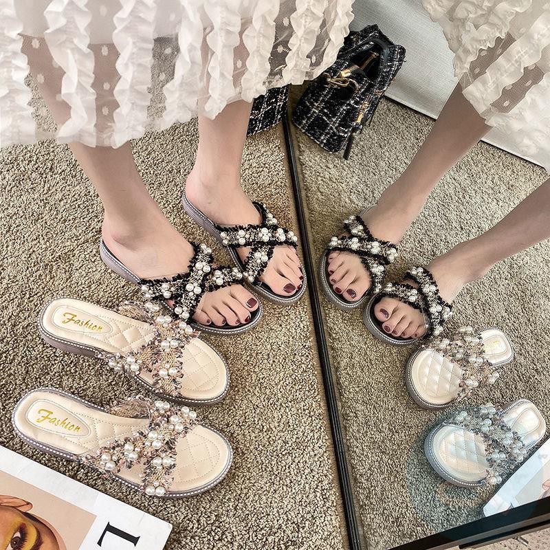►▪☜Size 35-43 Large women s shoes 41 fashion slippers summer wear non-slip new sea beach pearl sandals 42