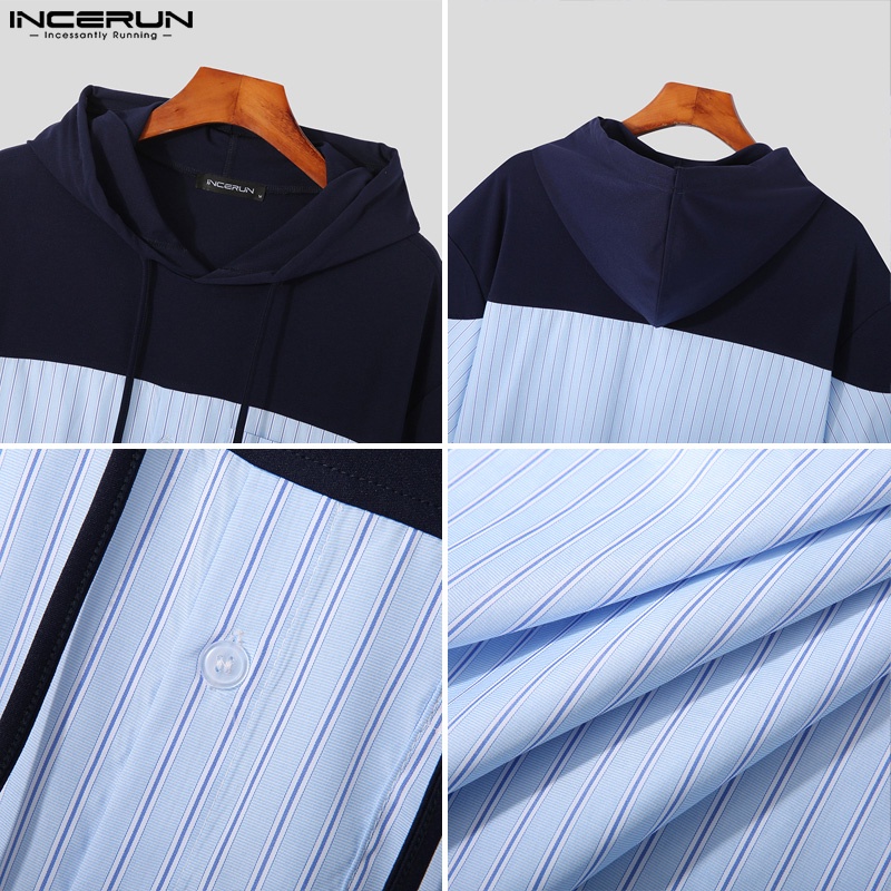 Áo hoodie INCERUN ngắn tay dáng rộng phối màu cá tính thời trang cho nam