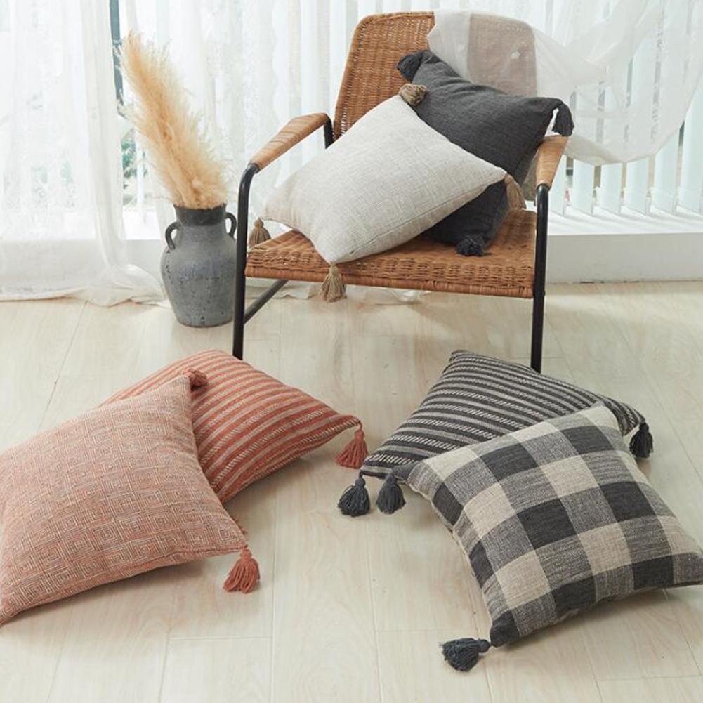 Vỏ Gối Cotton Lanh Dày Dặn Họa Tiết Kẻ Sọc Phối Tua Rua Cổ Điển 45x45cm Trang Trí Nhà Cửa