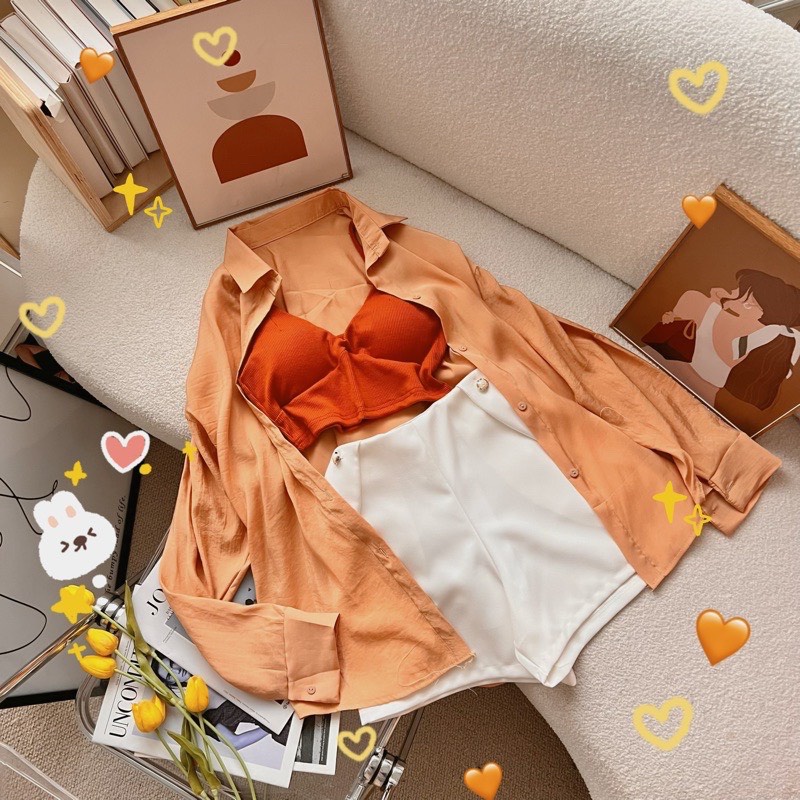 Set bộ 3 món sơ mi đũi thụng áo bra mix quần short đùi trắng TH10132