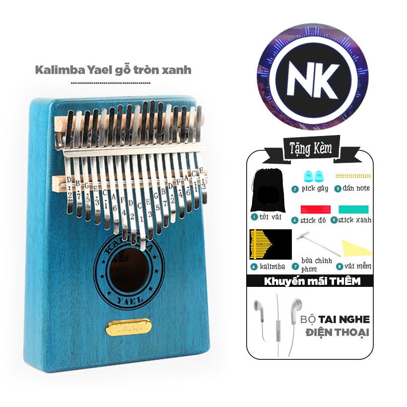 Đàn Kalimba Yael 17 Phím Gỗ Tròn Xanh Tặng Kèm Tai Nghe Thời Trang - Hàng Có Sẵn