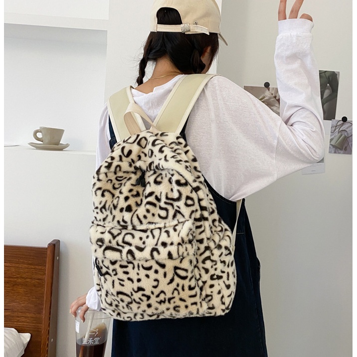 Balo đi học nữ vải lông leopard đáng yêu, cặp sách cute thời trang Hàn Quốc mặt sau bằng da giá rẻ