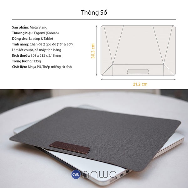 Đế Tản Nhiệt Laptop Ergomi Meta Stand Chính Hãng, Đa Năng Giá Đỡ Máy Tính Không Dán Keo, Kê Tablet & Lót Chuột Máy Tính