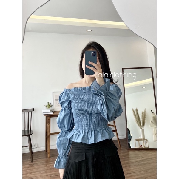 (SẴN) Áo thô xanh trễ vai