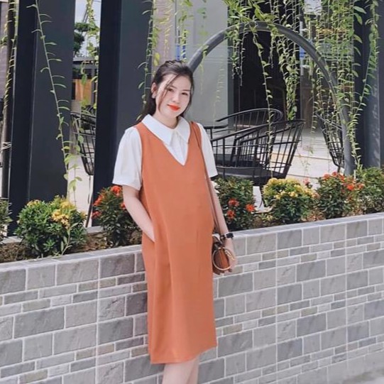 Váy bầu công sở thiết kế dáng xuông phối cổ đức