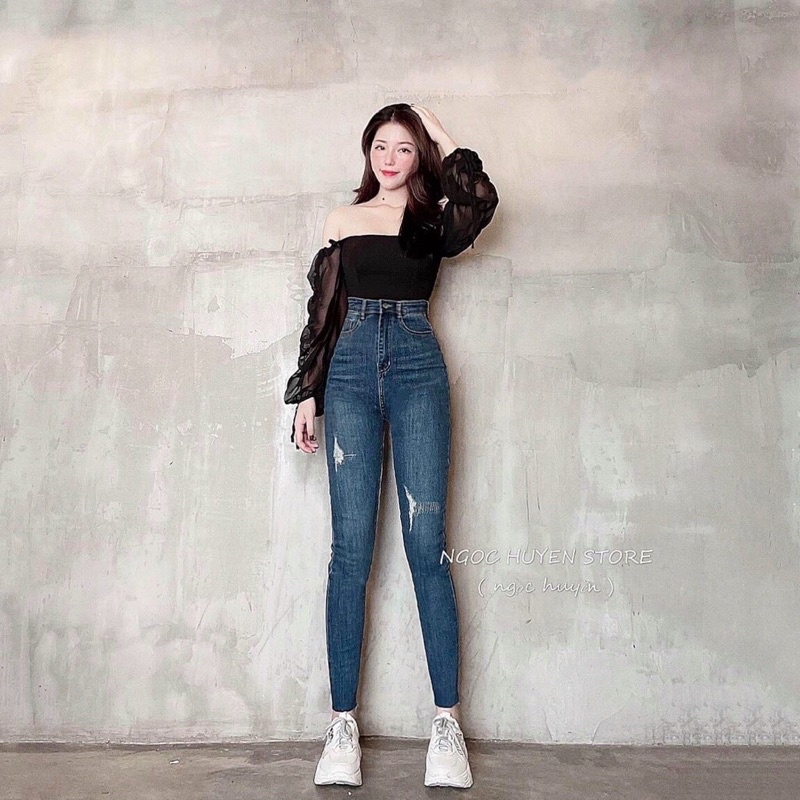 Quần Jean Nữ Bó Ống Dài, Rách Kiểu, Chất Jean Co Giãn