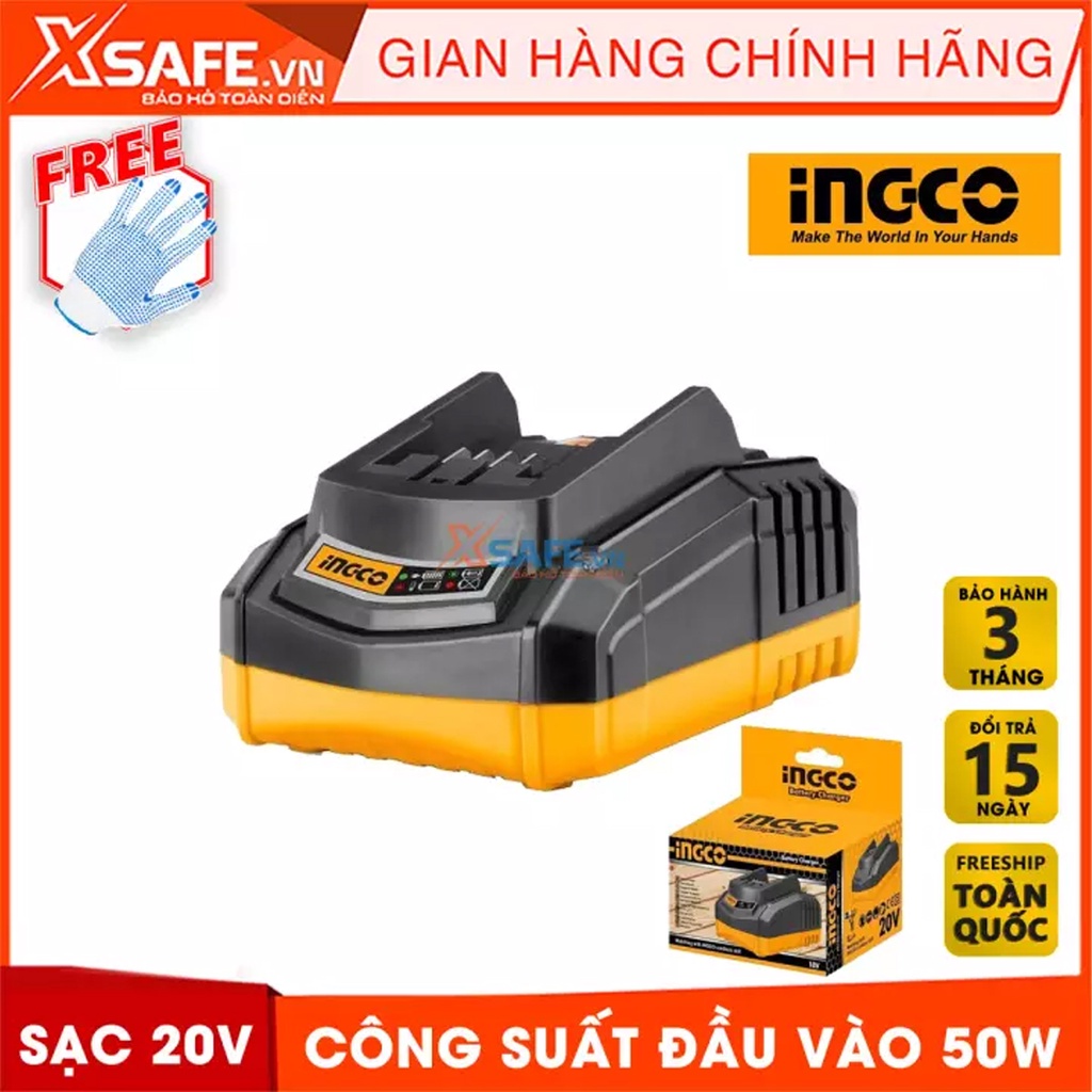 Đế sạc pin 20V INGCO FCLI2001 Sạc pin máy khoan điện thế 110V-240V~50/60Hz, dòng điện sạc 2A, hỗ trợ máy khoan cầm tay