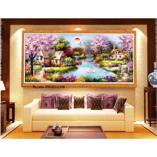 tranh thêu chữ thập cao cấp phong cảnh ngôi nhà tổ ấm kt 195x103cm