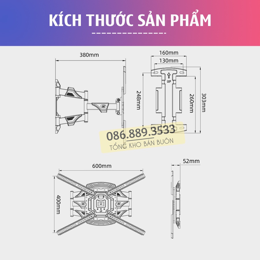 NB P5 / Giá Treo Tivi Xoay 32 - 40 - 43 - 50 - 55 - 65 - 70 / Giá Treo Tivi Đa Năng 6 Cánh Tay Chịu Lực