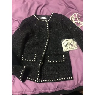 (SẴN) Áo dạ tweed đen viền cúc ngọc