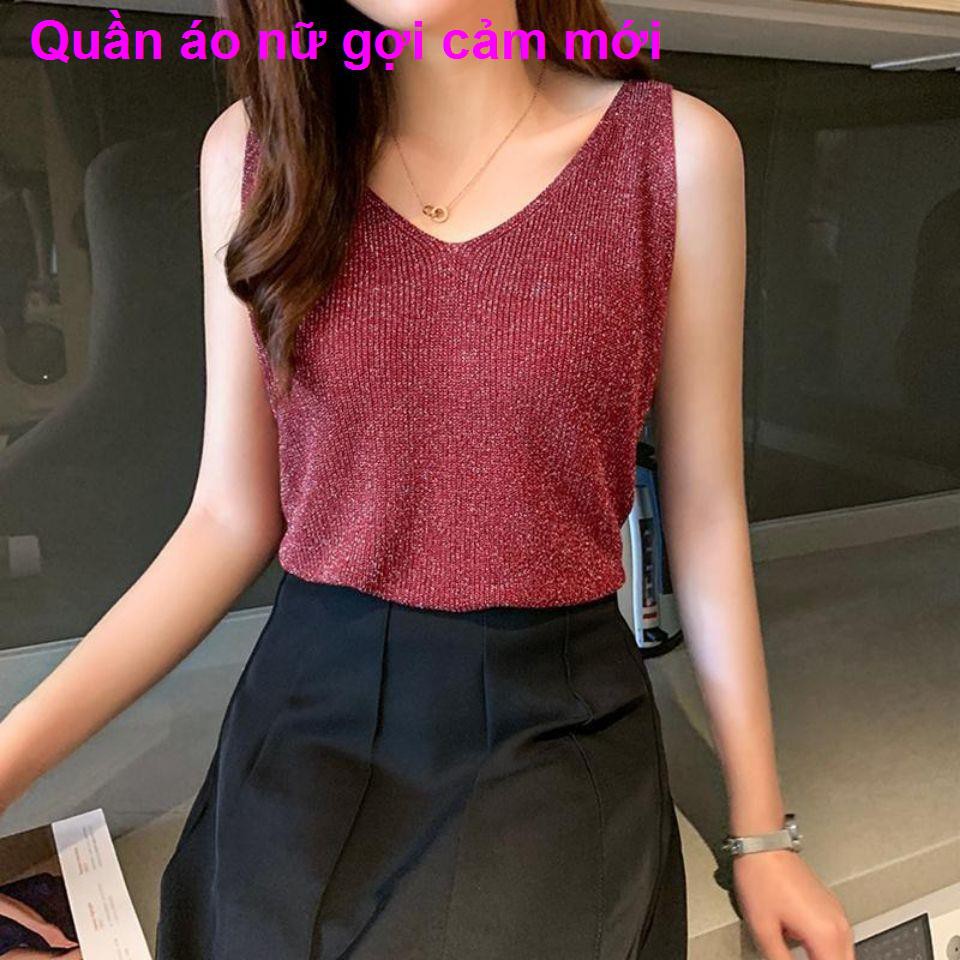 mùa hè mới 2021 áo sơ mi nữ vải lụa dệt kim đáy từ cổ v-cổ vest không tay sexy lửng phù hợp tất cả các kết