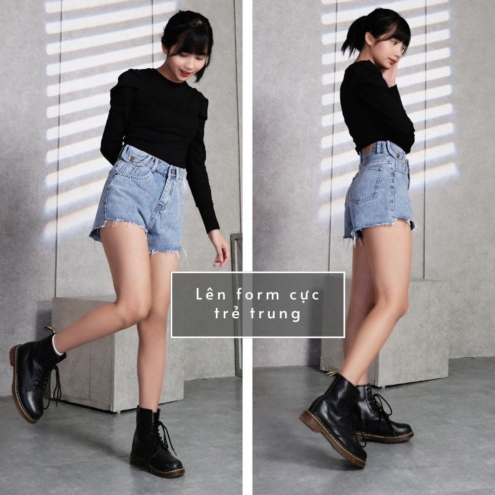 Quần Short Jean Nữ Thương Hiệu GUF Trơn Màu Xanh Chất Bò Cao Cấp Cạp Cao Dáng Rộng Chữ A | BigBuy360 - bigbuy360.vn