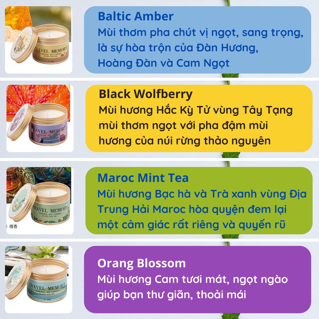 Nến Sáp Thơm Phòng Ngủ Thiên Nhiên Candlle Cup Tinh Dầu Thơm Không Khói 100gr Travel Memory NEN15