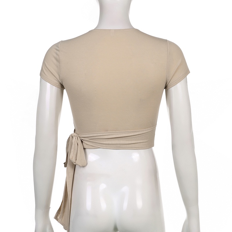 Áo Thun Ngắn Tay Cổ Chữ V Thắt Nơ Màu Trơn Thời Trang Cho Nữ