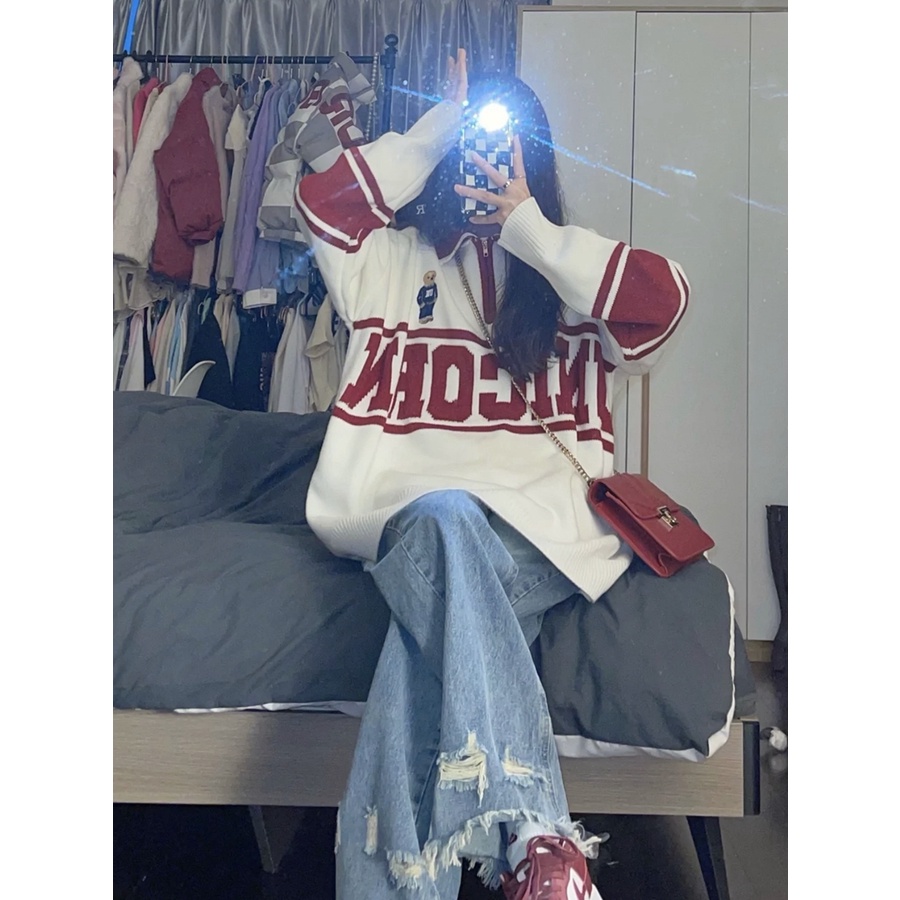 Quần Jean Lưng Cao Ống Suông Rộng Phối Rách Size Xs-2XL Phong Cách retro Mỹ Cho Nữ