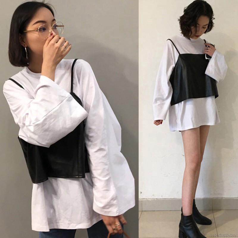 Set 2 món gồm áo kiểu tay ống rộng màu trắng + áo 2 dây màu đen bằng da pu cho nữ