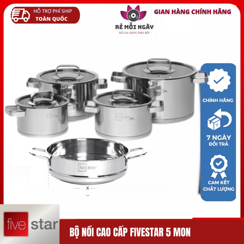 Bộ nồi xửng 3 đáy inox 304 Fivestar Plus 5 món nắp kính ( 1nồi 16cm x1nồi 18cm x1nồi 20cm x1nồi 24cm x 1thân xửng 24cm)