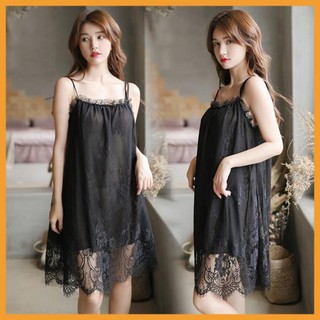 [ĐẦM CAO CẤP] Đầm ngủ hai dây suông phối ren dễ thương màu đen huyền bí