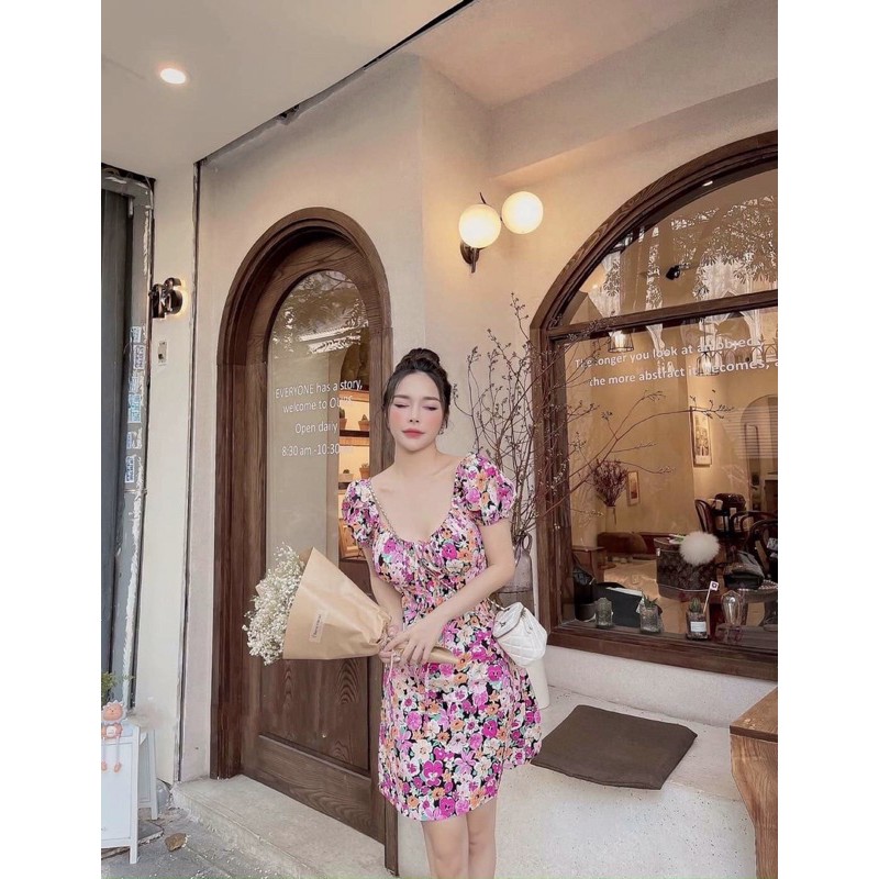 ✨HOT✨Váy hoa nhí cổ nhún dáng xòe_Đầm hoa 2 lớp cao cấp_Chất thô mềm mát_2 Size S - M