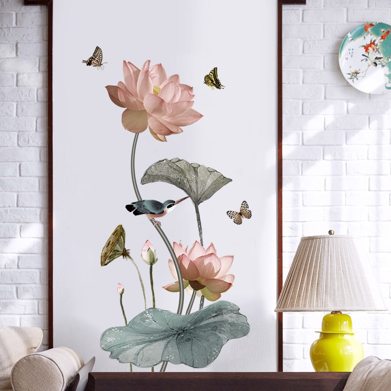 Tranh dán tường 3D Hoa sen hồng và chim bói cá